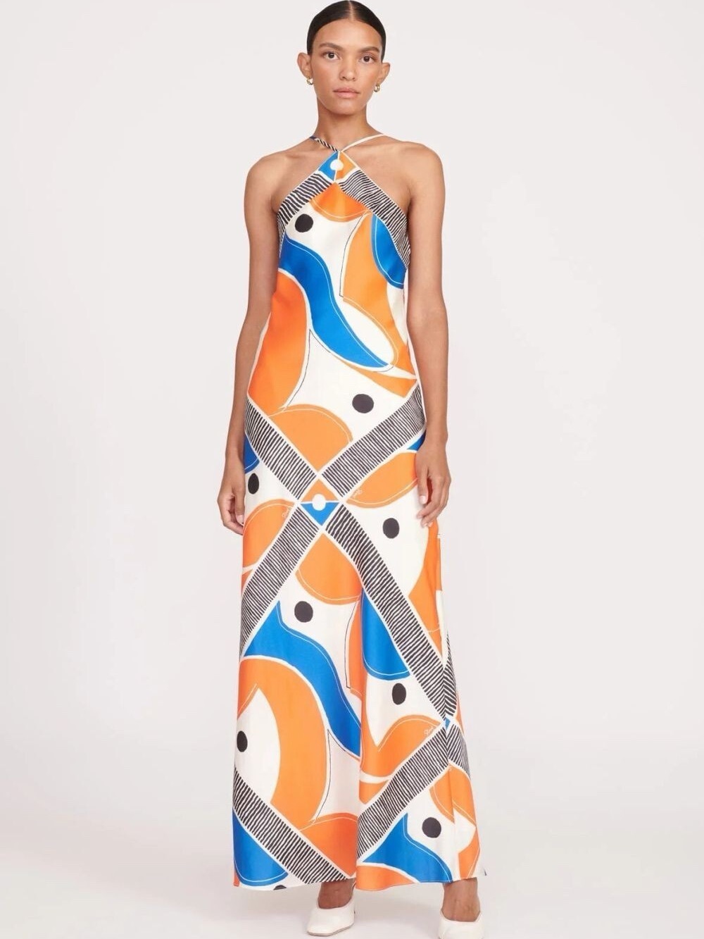Staud Large Cubism Halter Maxi Dress Abstract Mod Orange Blue